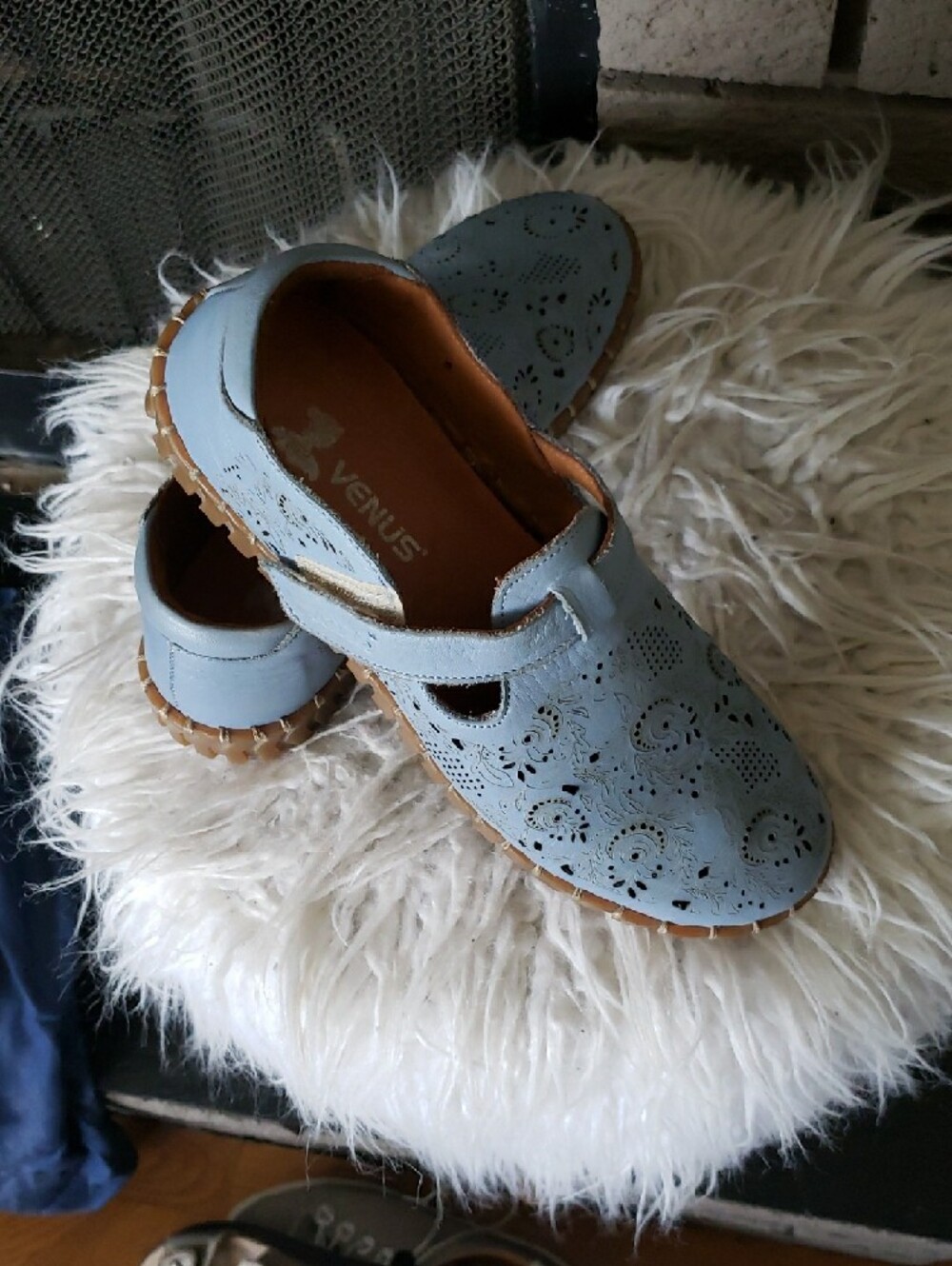 VENUS Light Blue Perforated Mary Jane Flats - Picture 5 of 6